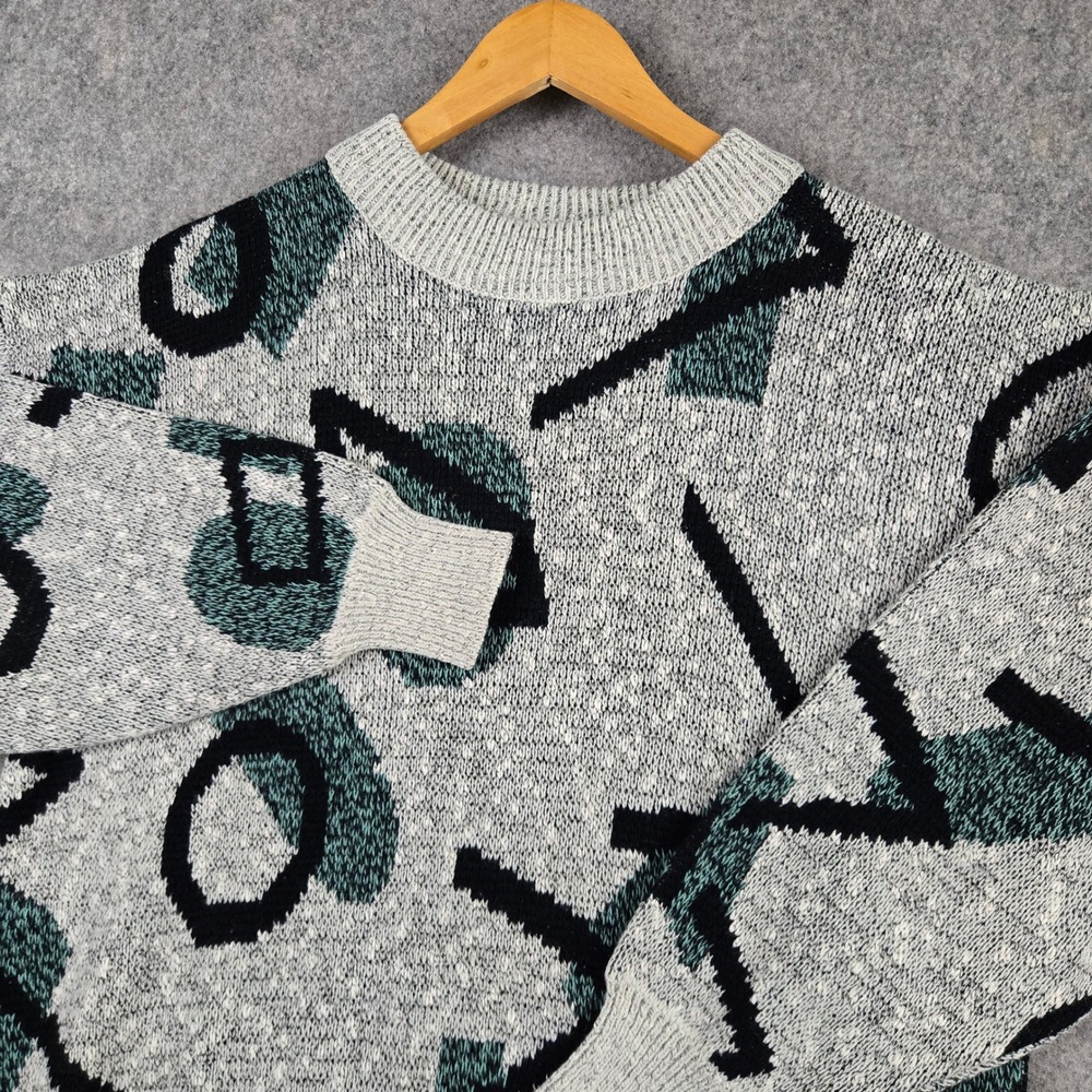 Cellini Collection Sweater Mens Large Gray Geometric Abstract Vintage 80s 90s